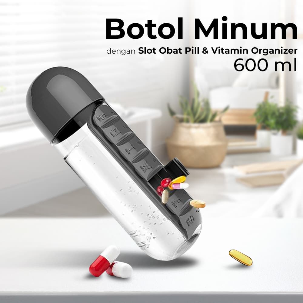 Botol Minum Plastik dengan Slot Obat Vitamin BPA Free 600ml
