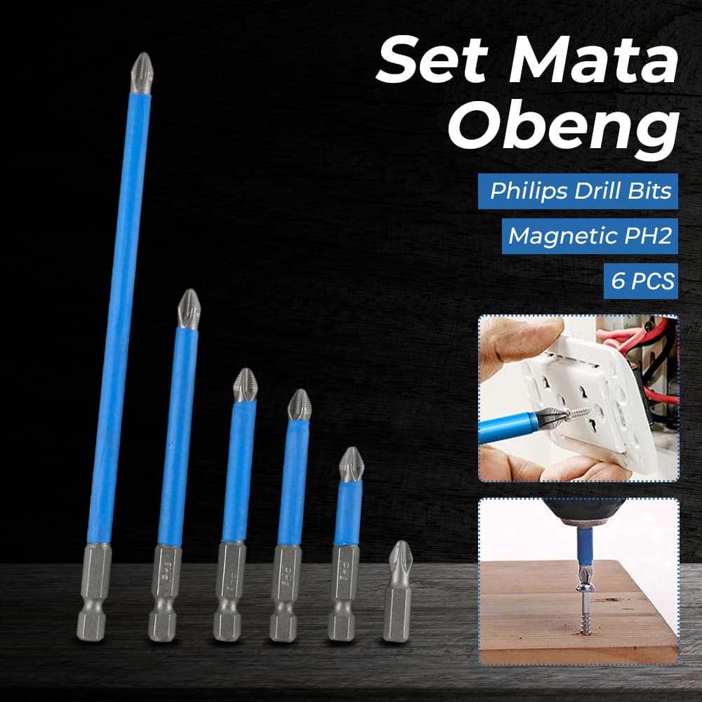 Set Mata Obeng Plus Drill Bits Magnetic PH2 6 PCS