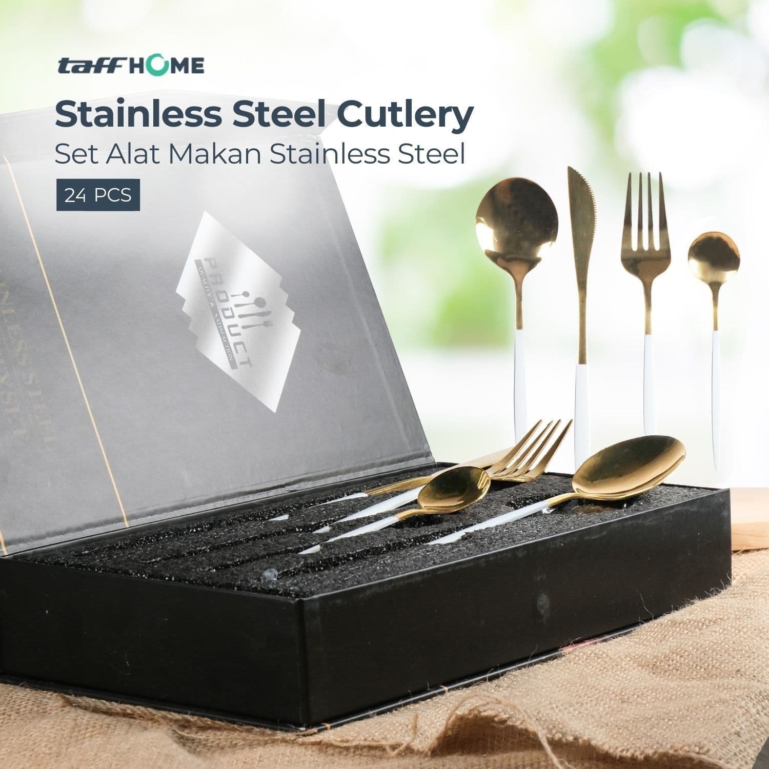 Set Alat Makan Sendok Garpu Cutlery Stainless Steel 24 PCS - TaffHOME Set Perlengkapan Makan Sendok Garpu Pisau Cutlery Set 24 PCS - TW873 TP4EWO_PUTIH_GOLD Set Alat Makan Sendok Garpu Cutlery Stainless Steel 24 PCS - TaffHOME Set Perlengkapan Makan Sendok Garpu Pisau Cutlery Set 24 PCS - TW873 TP4EWO_PUTIH_GOLD