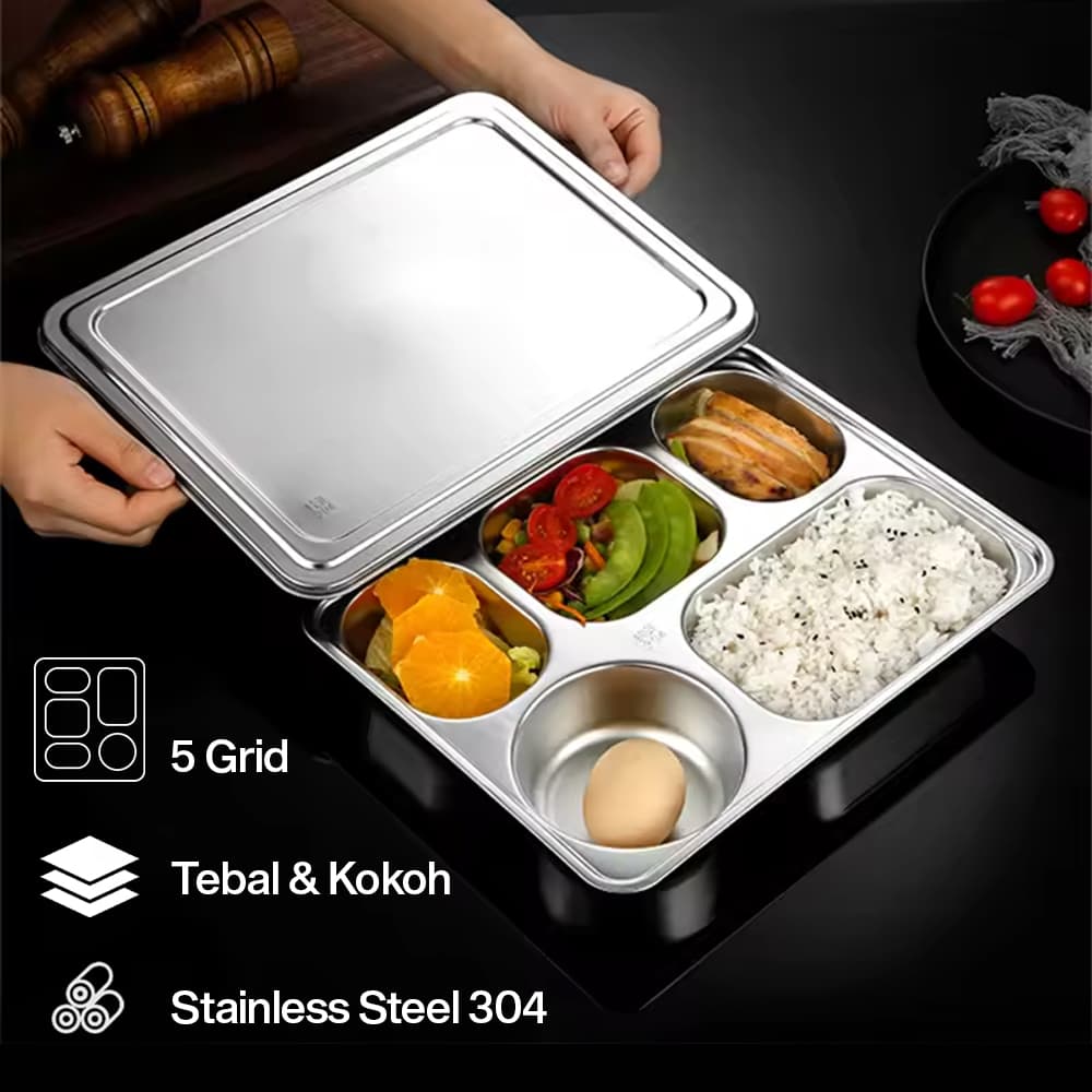 Piring Makan 4 5 Sekat Stainless Tebal Fast Food Tray Lunch Container - Januel Kotak Makan Lunch Box Fast Food Tray Container Stainless 304 - Jn71 HTBGSV_5_GRID_SILVER Piring Makan 4 5 Sekat Stainless Tebal Fast Food Tray Lunch Container - Januel Kotak Makan Lunch Box Fast Food Tray Container Stainless 304 - Jn71 HTBGSV_5_GRID_SILVER