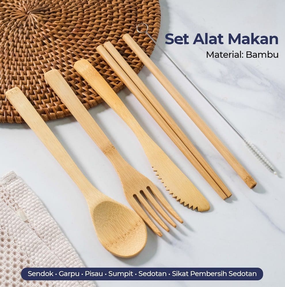 Set Alat Makan Perlengkapan Sendok Garpu Sumpit Bambu