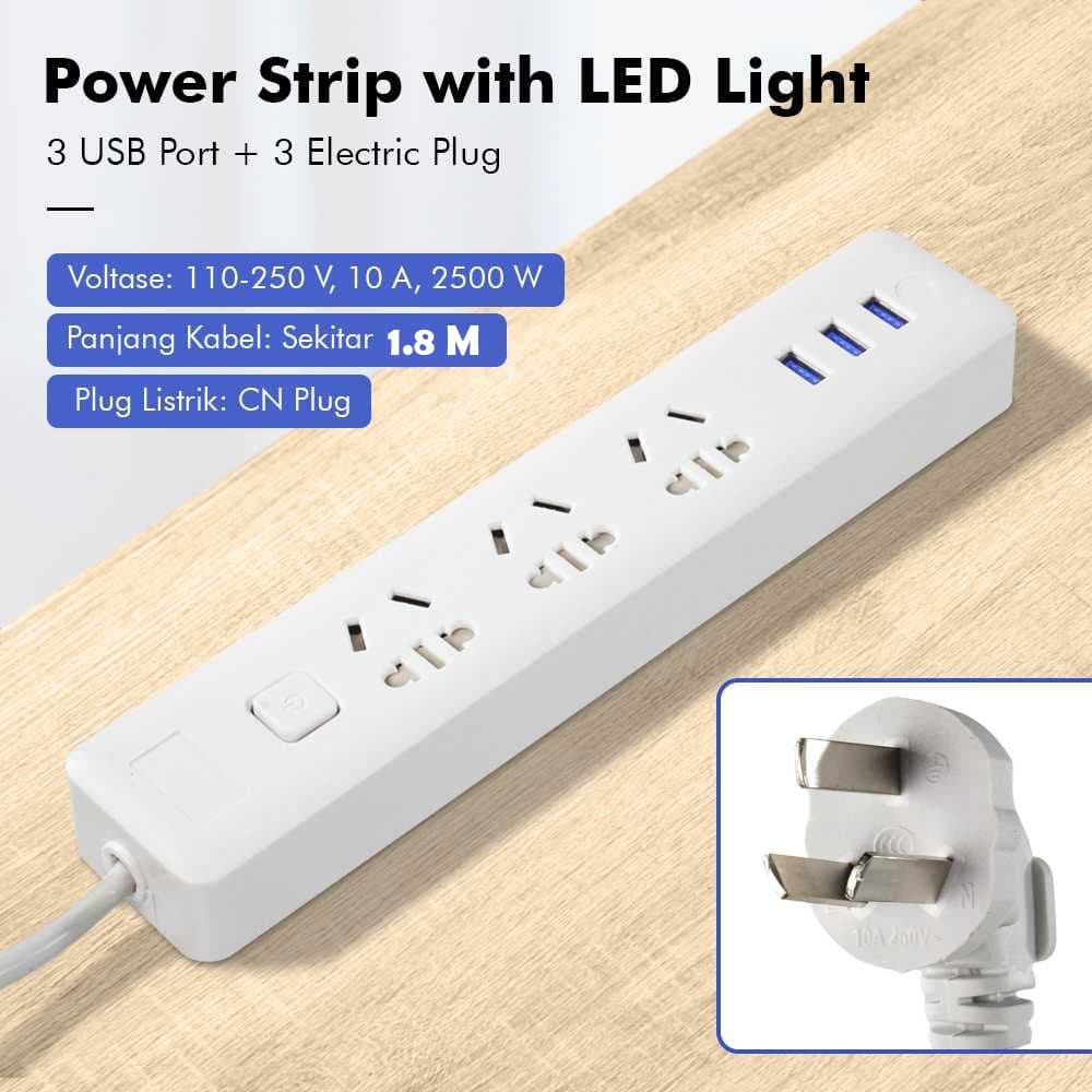 Powerstrip 3 USB Type A and 3 Electric Plug with LED Light