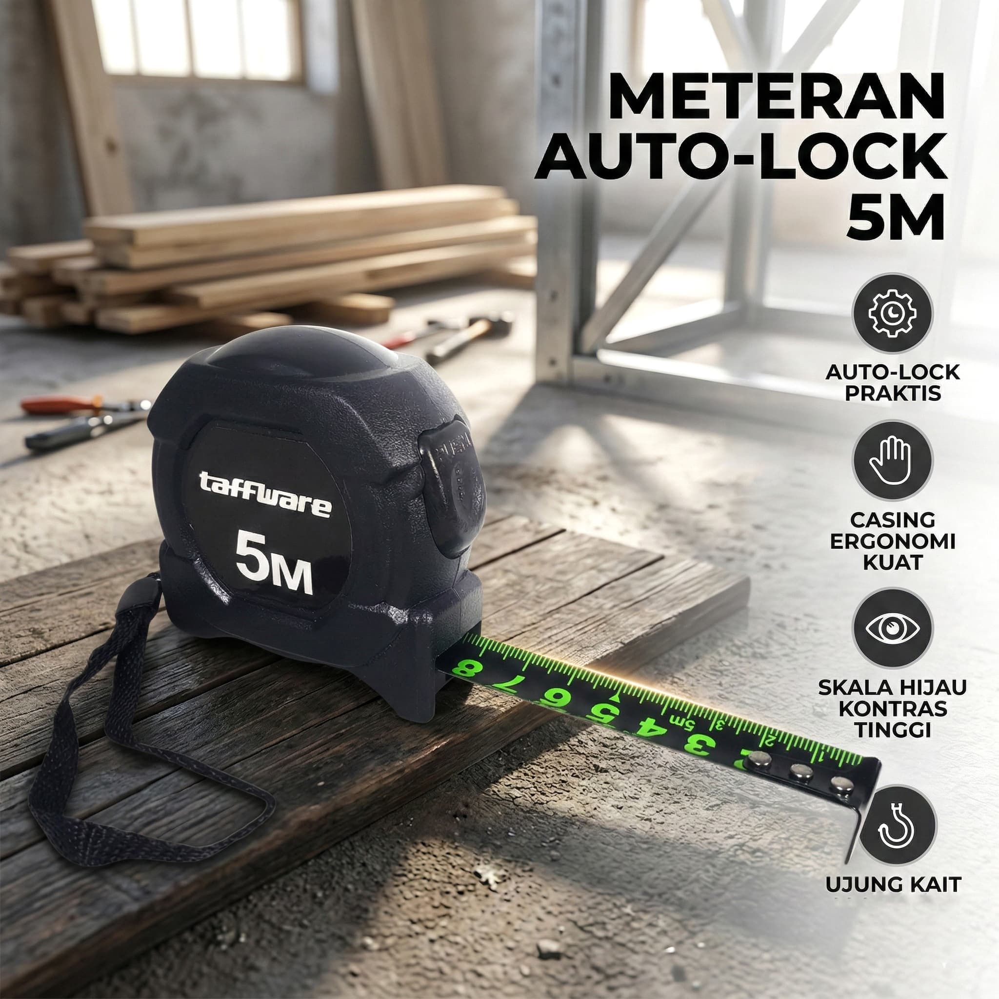 Meteran Roll Tukang Bangunan Measuring Tape Auto Lock 5M