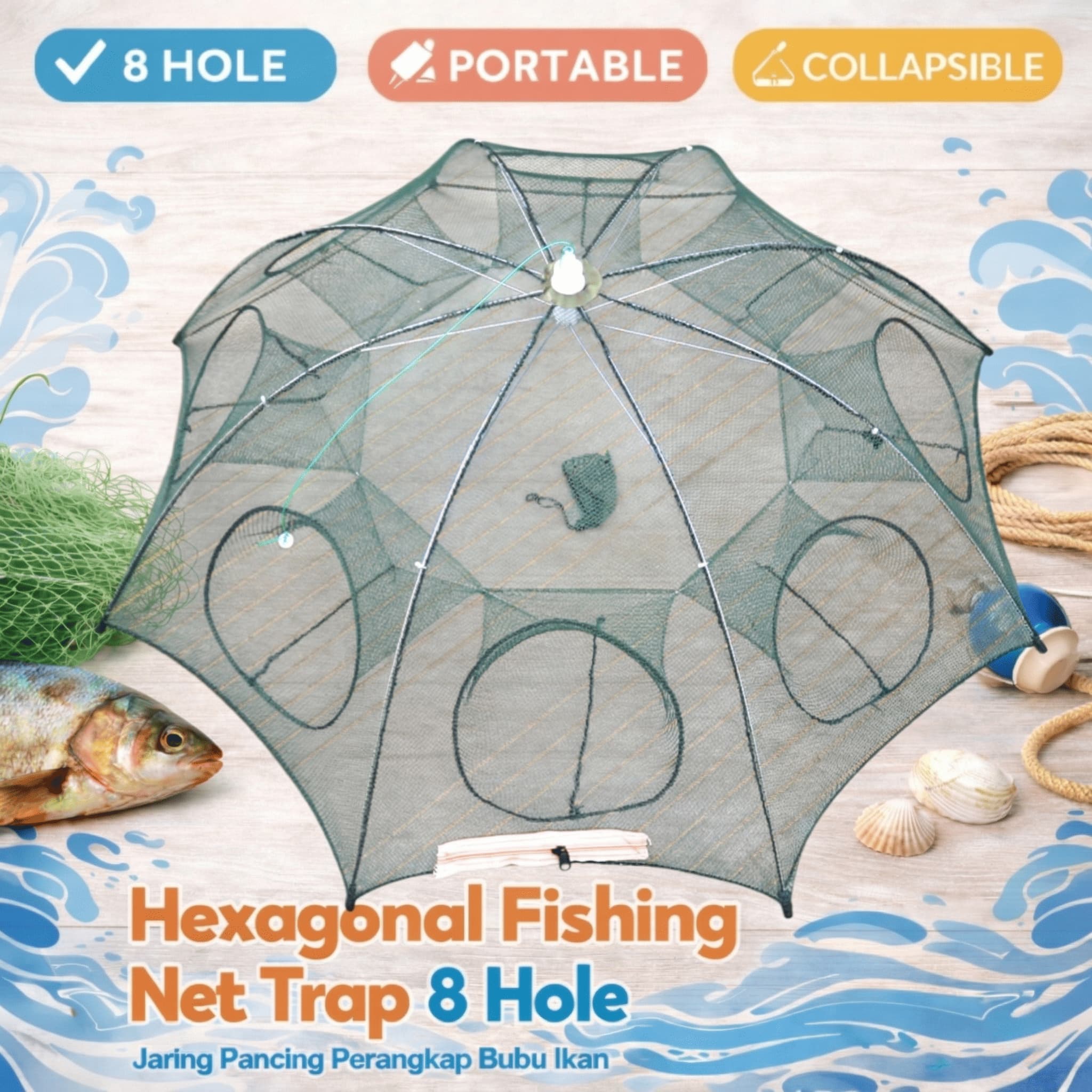 Jaring Pancing Ikan Hexagonal 8 Hole Fishing Net Trap Cage