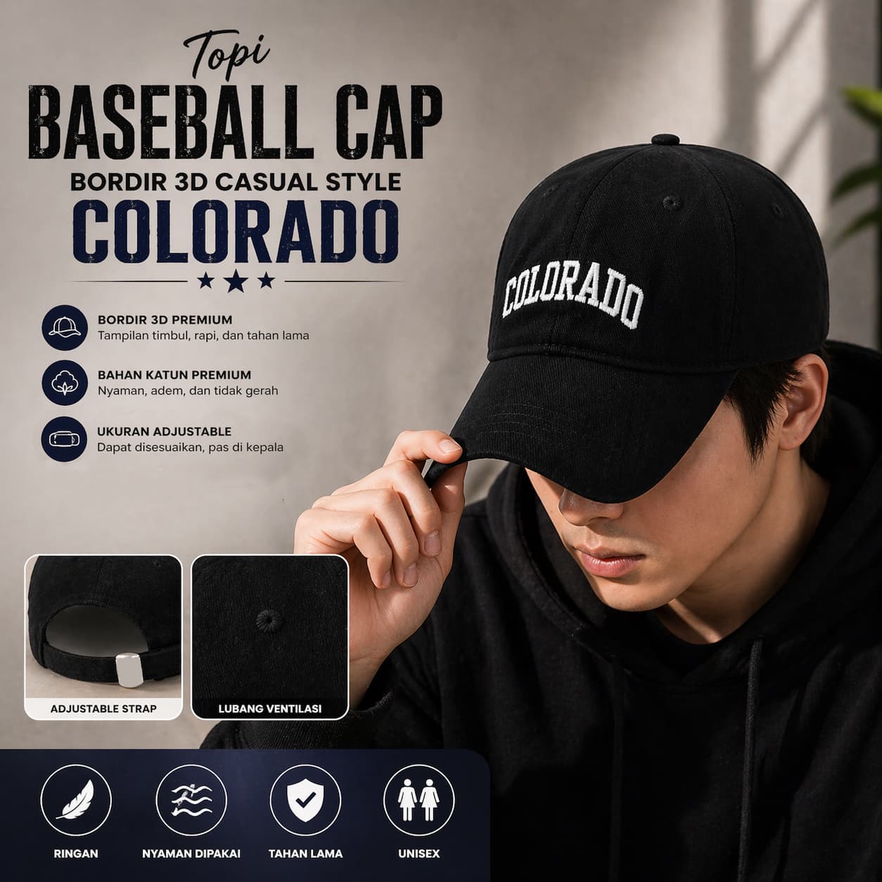 Topi Baseball Cap Bordir 3D Casual Style Colorado
