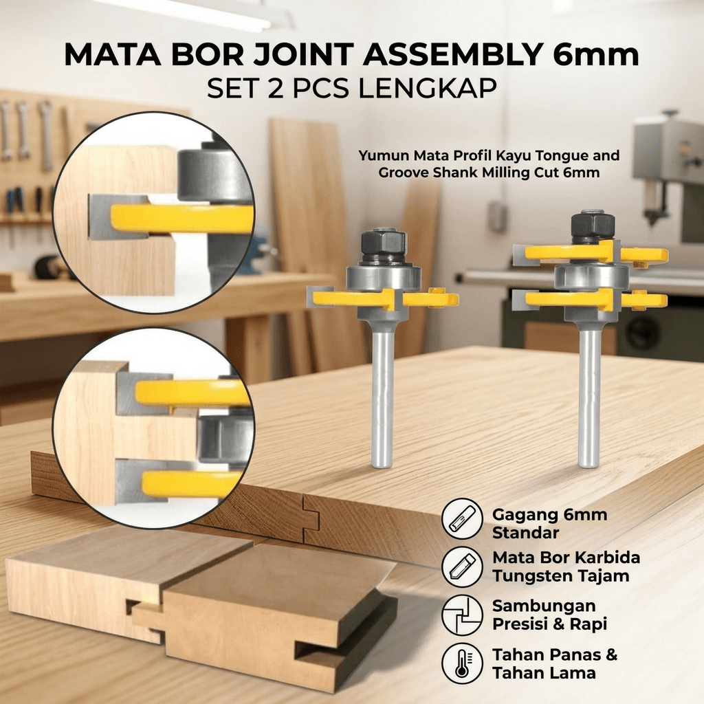 Mata Profil Kayu Tongue and Groove Shank Milling Cut 6mm 2 PCS