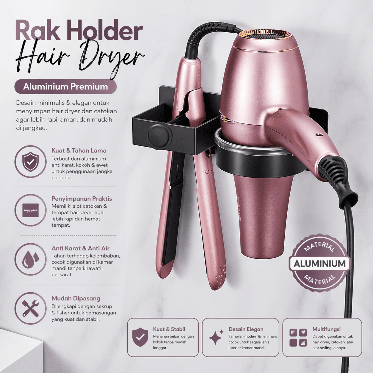 Gantungan Hair Dryer Catokan Aluminium 2in1 Storage Holder Rack