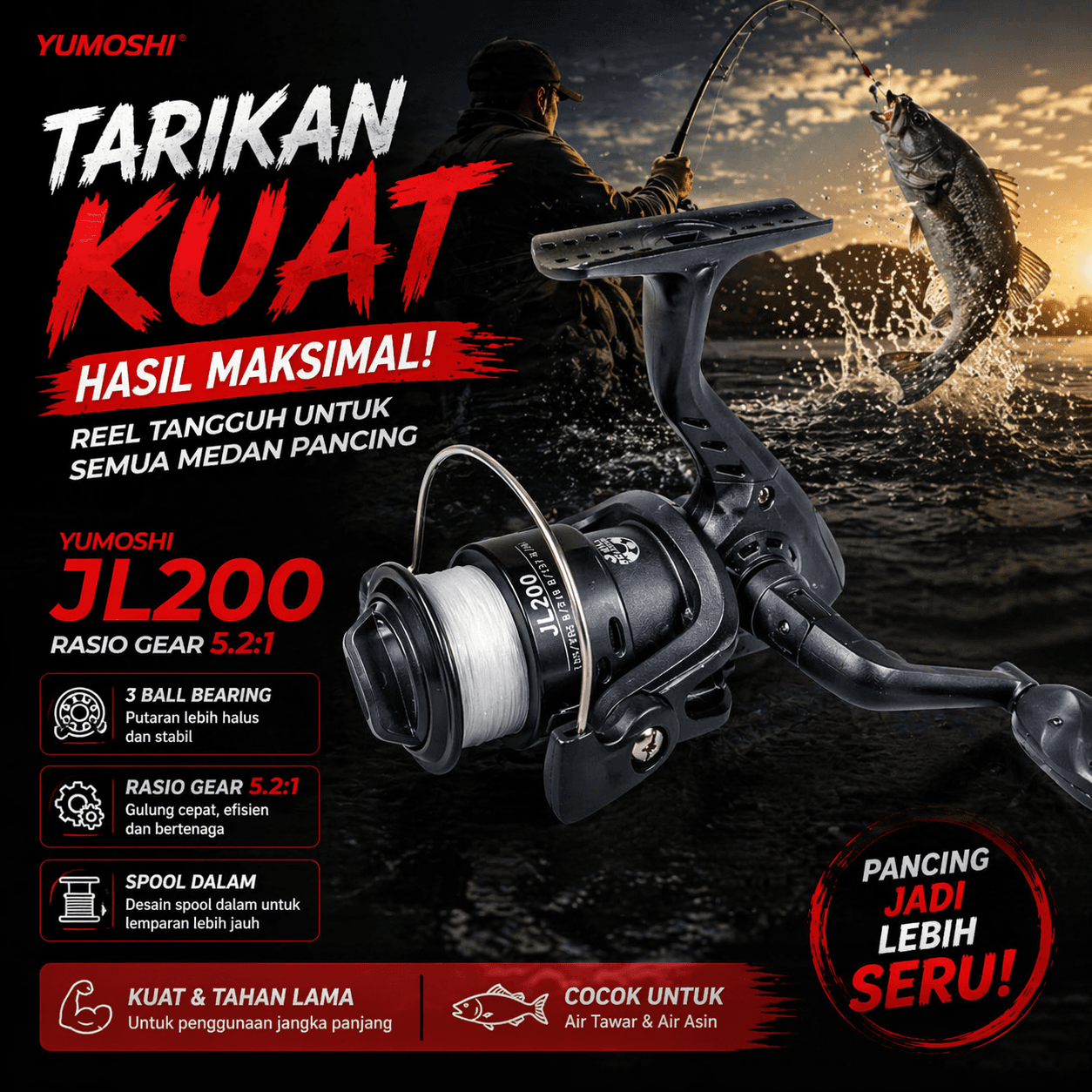 Gulungan Pancing Fishing Reel 3 and 1 Ball Bearing 5.2:1