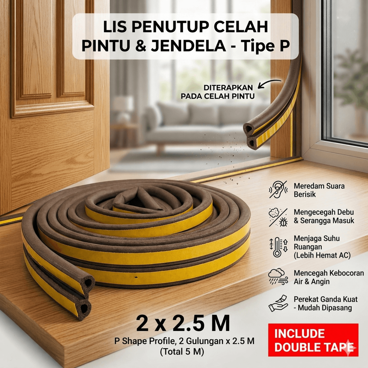 Lis Penutup Celah Pintu Penghalang Debu Door Seal 2x2.5M