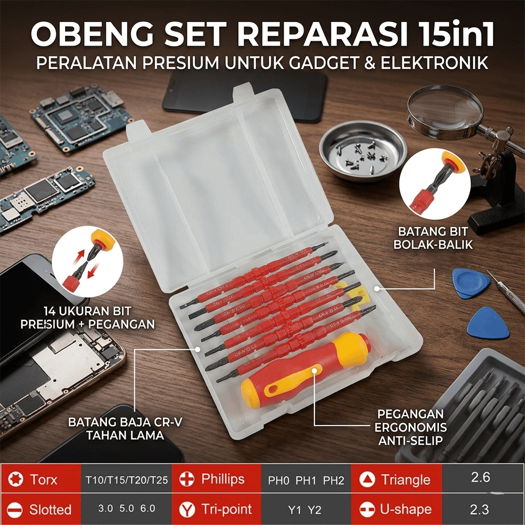 Obeng Set Reparasi 15in1 Chrome Vanadium