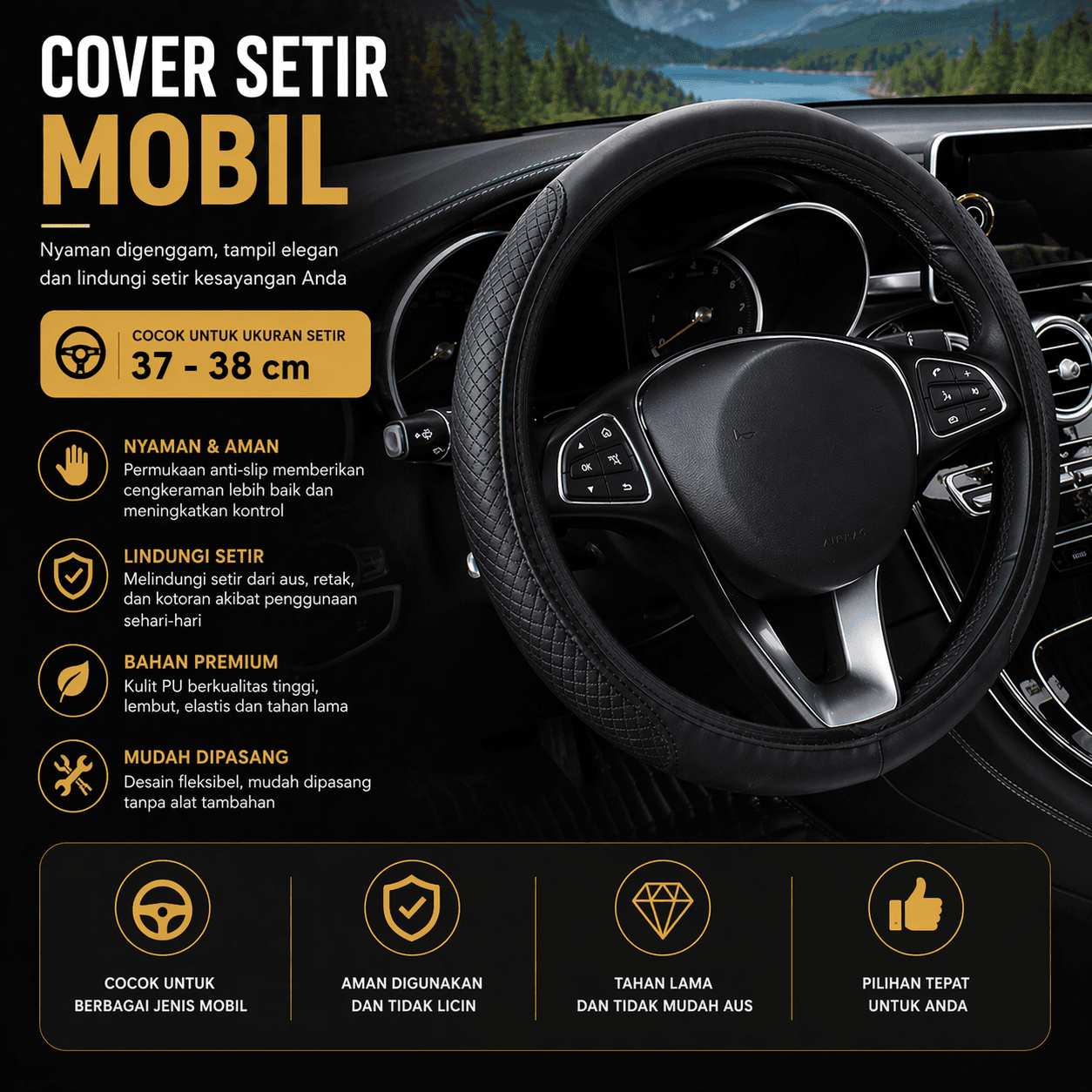 Cover Setir Mobil Bahan Kulit Sintetis Universal Steering Wheel Cover
