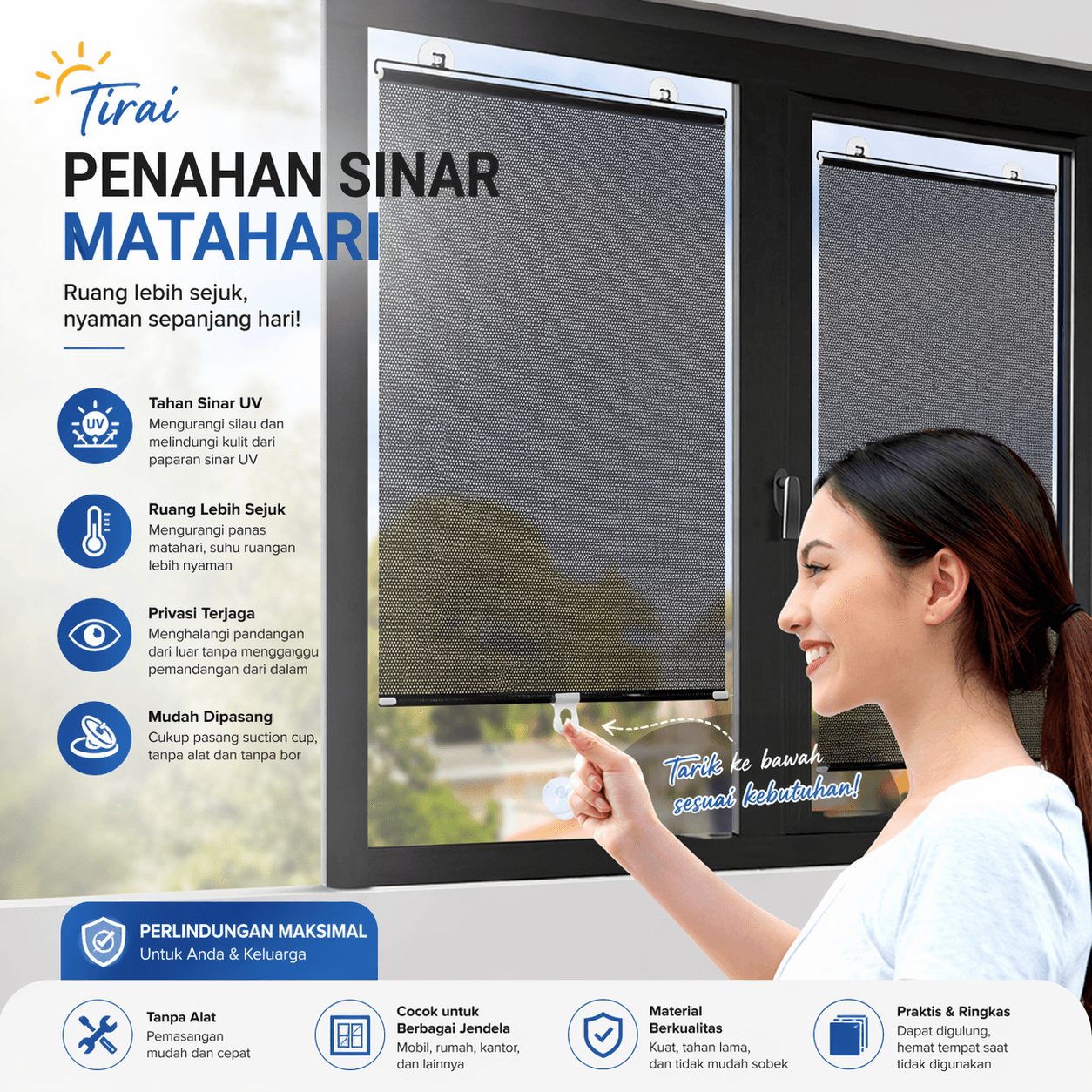 Tirai Penahan Sinar Matahari Roller Blind Curtain 58x125cm