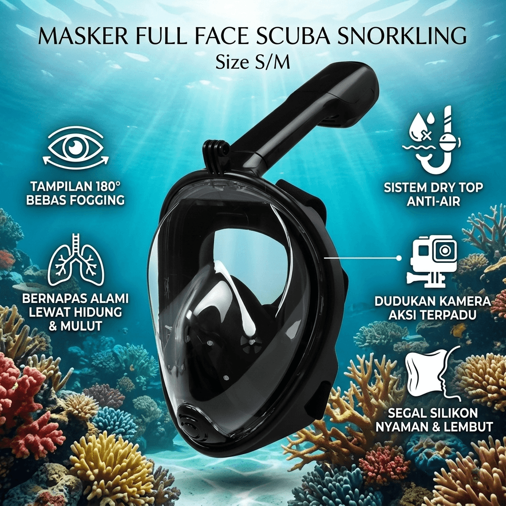 Masker Full Face Scuba Diving Snorkeling Action Cam Mount - TaffSPORT Masker Full Face Scuba Diving Snorkeling Action Cam Mount - M2068G CS2PBK_S_M_HITAM Masker Full Face Scuba Diving Snorkeling Action Cam Mount - TaffSPORT Masker Full Face Scuba Diving Snorkeling Action Cam Mount - M2068G CS2PBK_S_M_HITAM