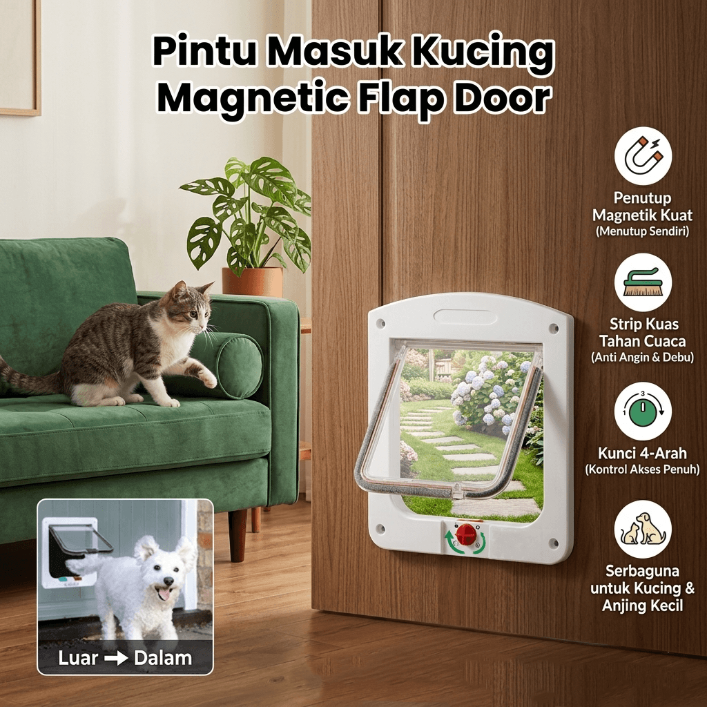 Pintu Masuk Kucing Magnetic Flap Door 4 Way Lock Pet Door