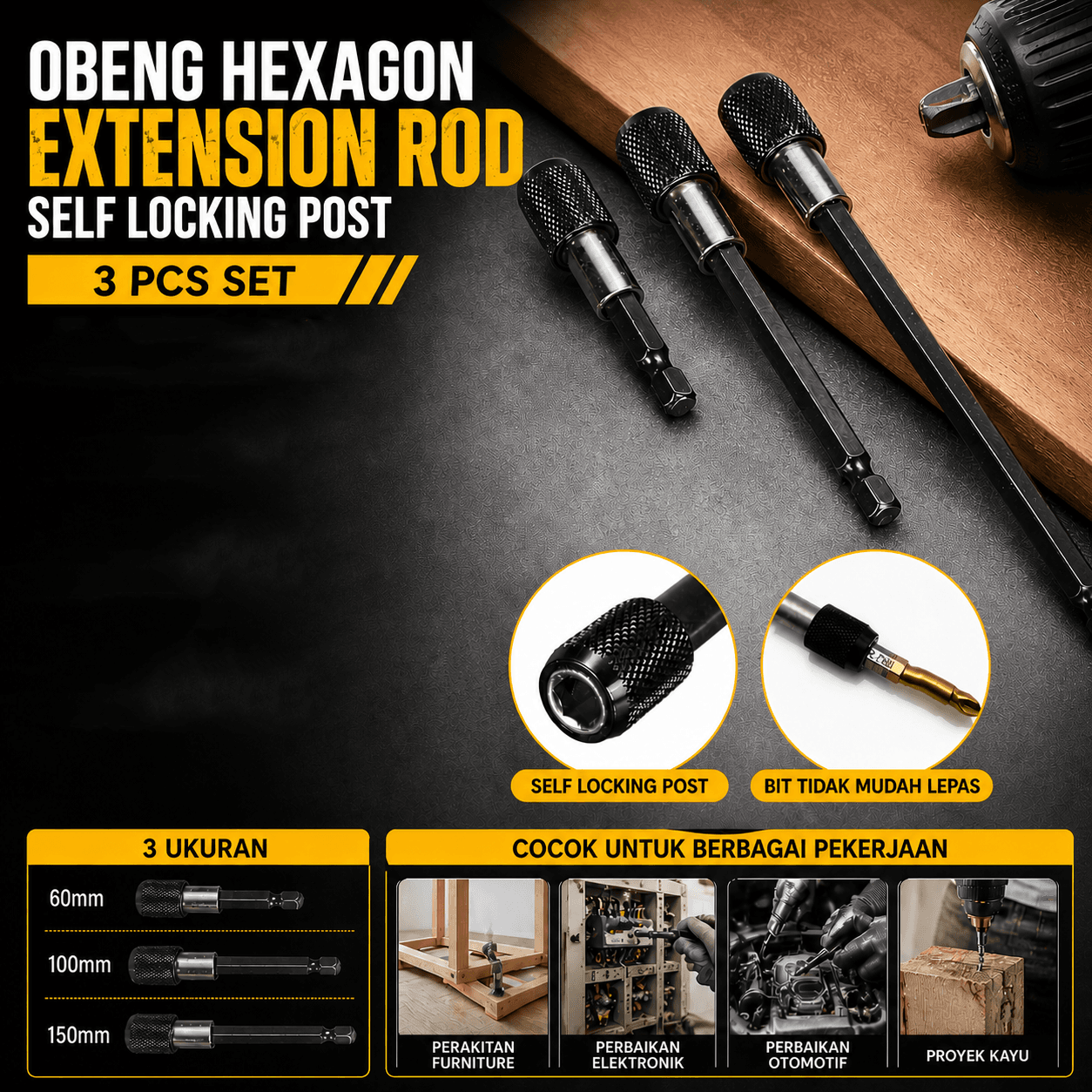 Obeng Hexagon Extension Rod Self Locking Post 3 PCS