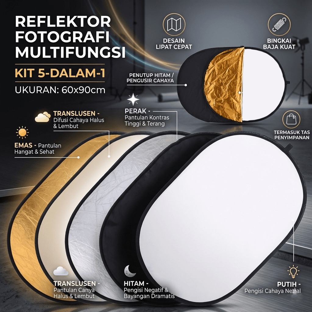 Reflektor Cahaya Fotografi Studio 5in1 Diffuser 60x90cm