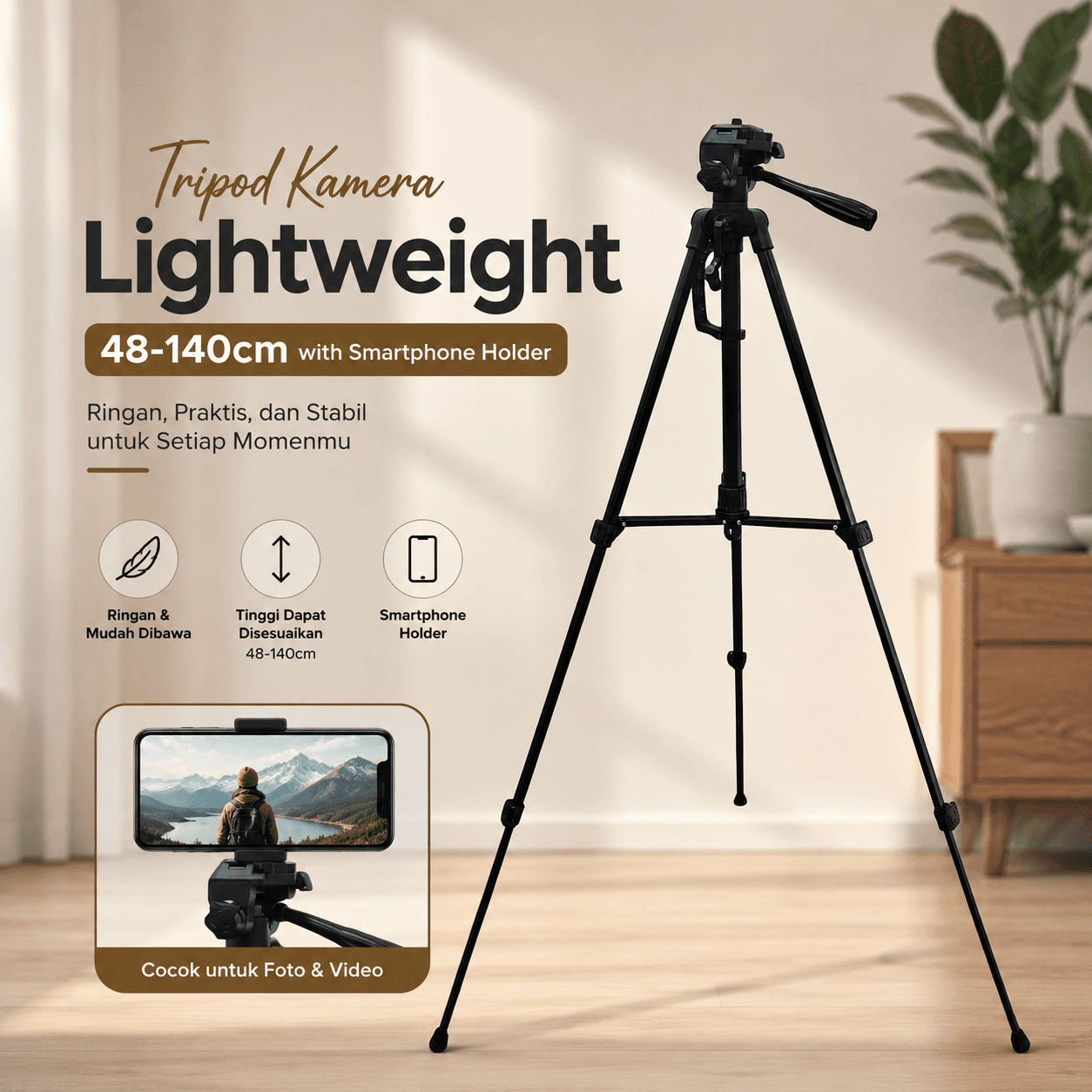 Tripod Kamera Lightweight with Smartphone Holder 1.4M
