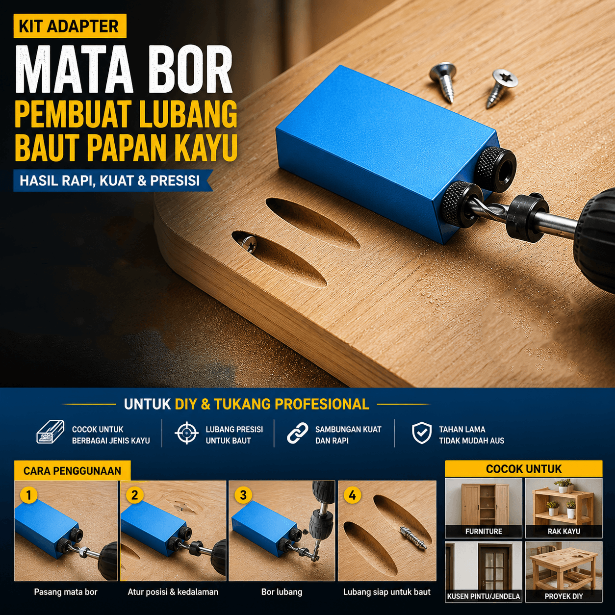 Kit Adapter Mata Bor Pembuat Lubang Baut Papan Kayu