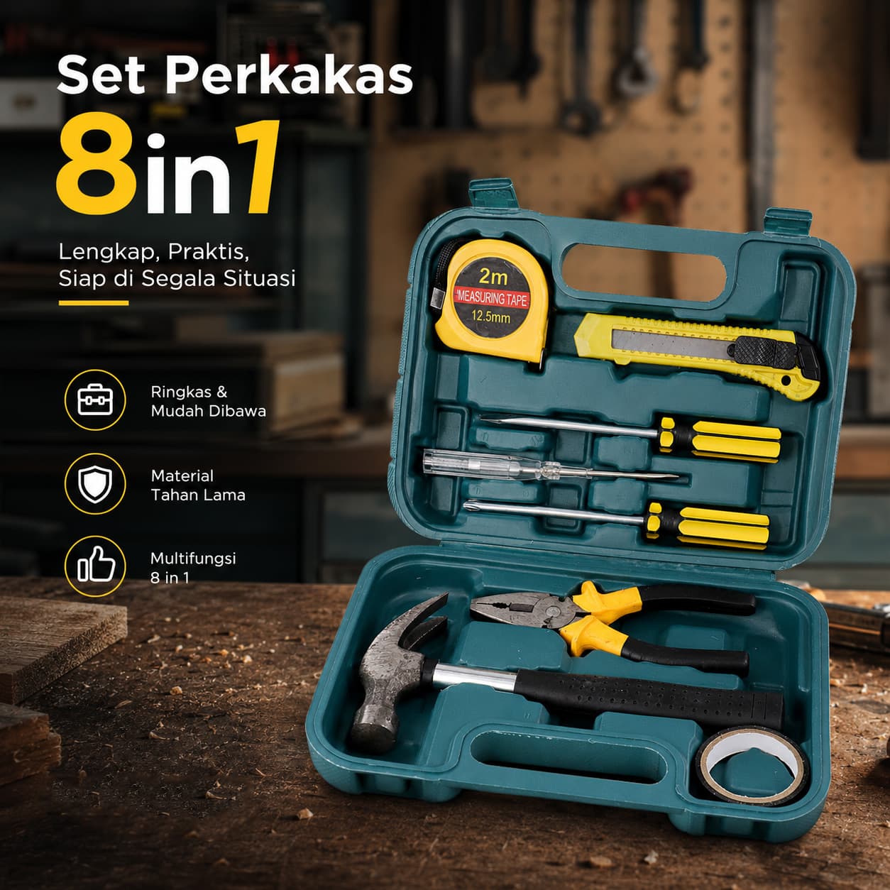 Alat Set Perkakas Palu Tang Obeng Cutter Meteran 8in1