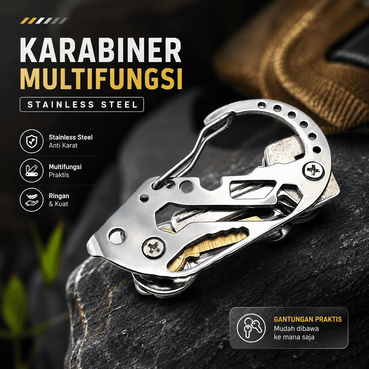 EDC Karabiner Outdoor Multifunction Gantungan Kunci Stainless Steel