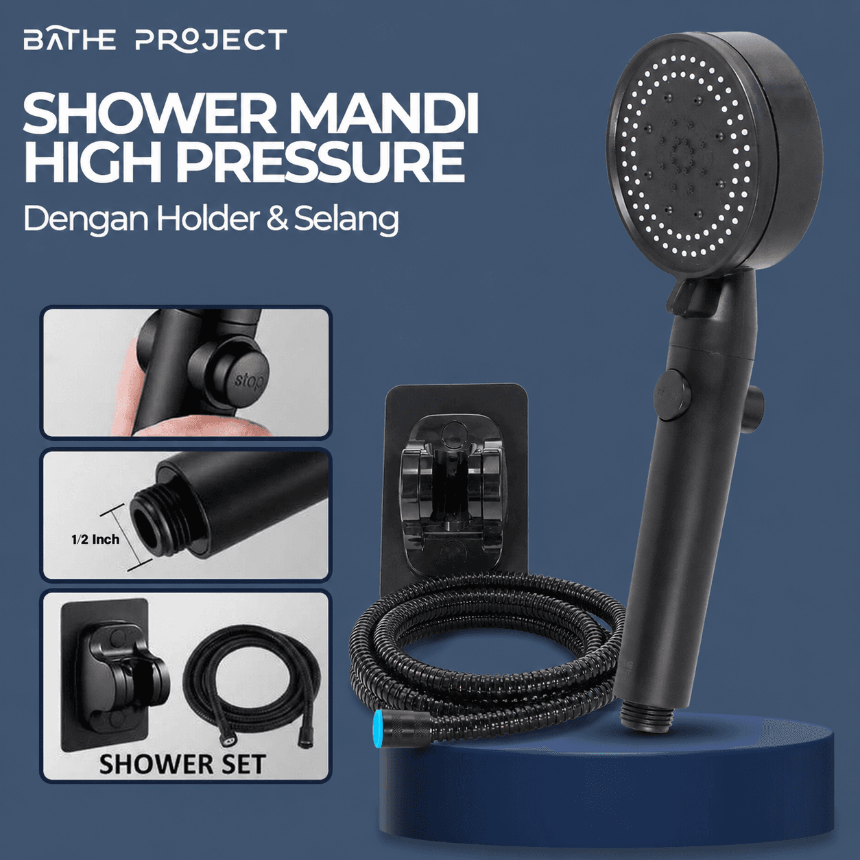 Shower Mandi High Pressure with Holder dan Selang