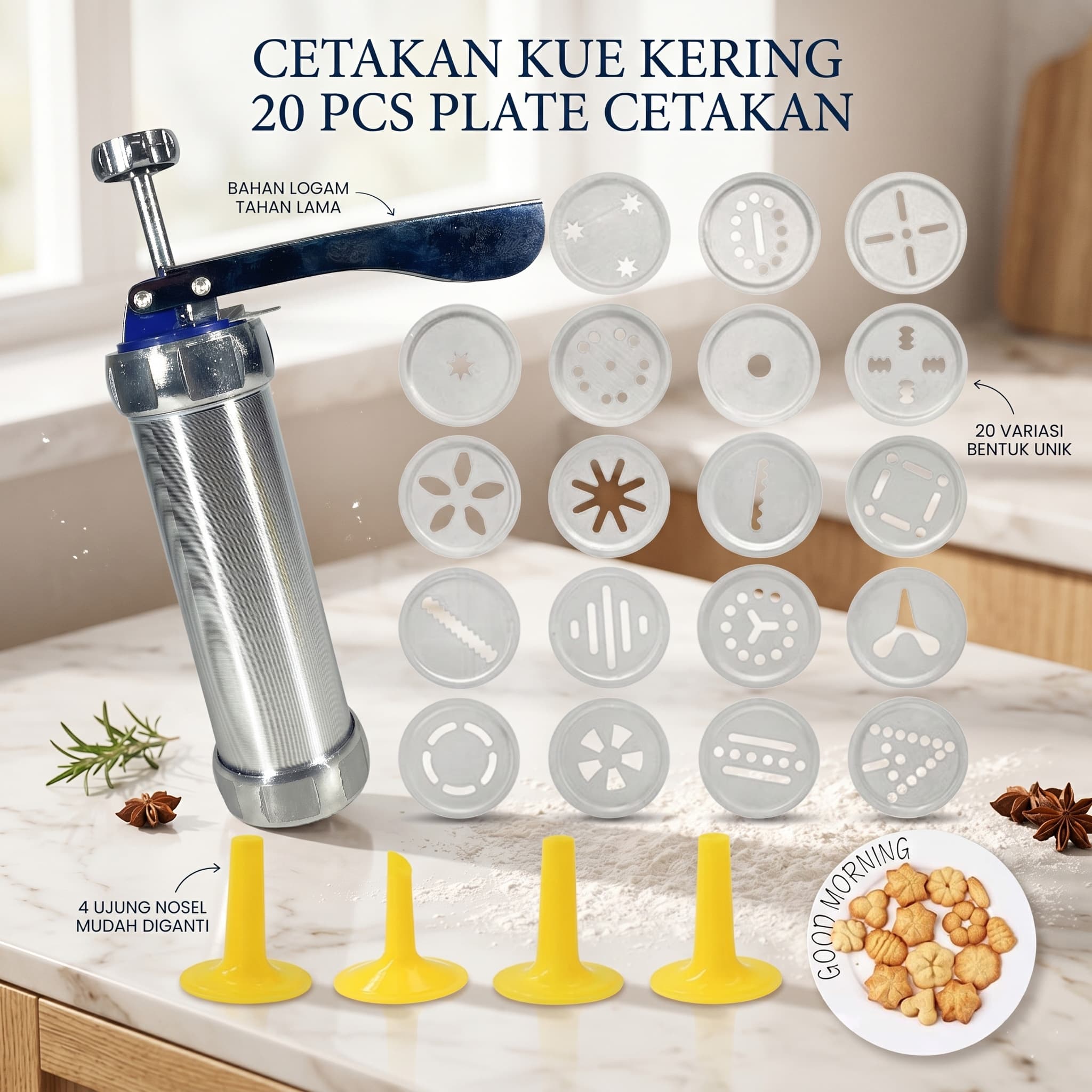 Cetakan Kue Semprit Churros Manual Lengkap dengan Nozzle Press - LUWIN Cetakan Kue Kering Semprit Churros Cookie Press Gun 20 PCS - D063 HTJXSV_SILVER Cetakan Kue Semprit Churros Manual Lengkap dengan Nozzle Press - LUWIN Cetakan Kue Kering Semprit Churros Cookie Press Gun 20 PCS - D063 HTJXSV_SILVER