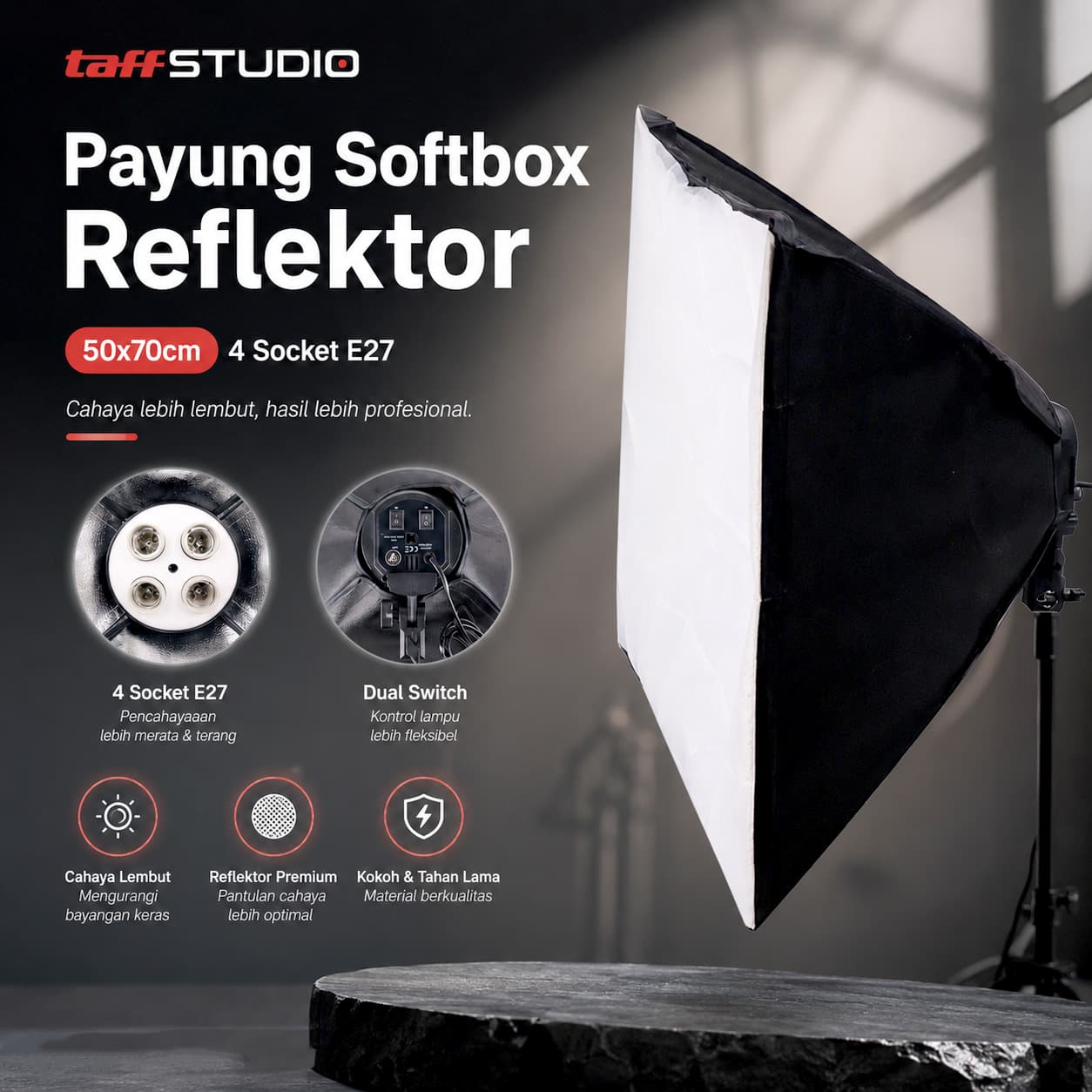 Payung Softbox Reflektor 50x70cm E27 Four Lamp Socket