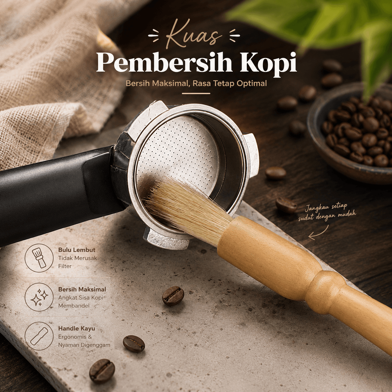Kuas Pembersih Gilingan Kopi Natural Bristles Wood