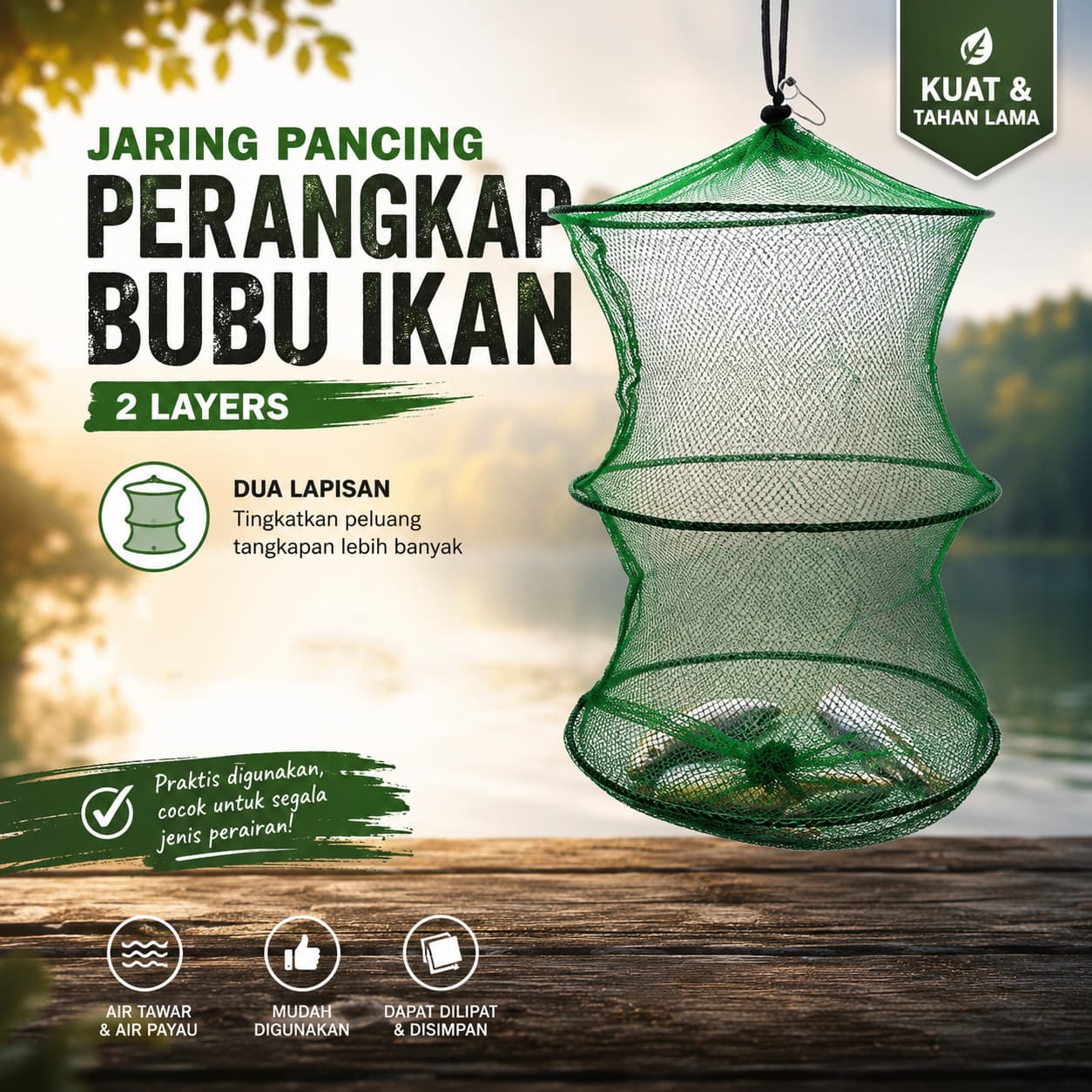 Jaring Pancing Ikan Udang Fishing Net Foldable 2 Layers