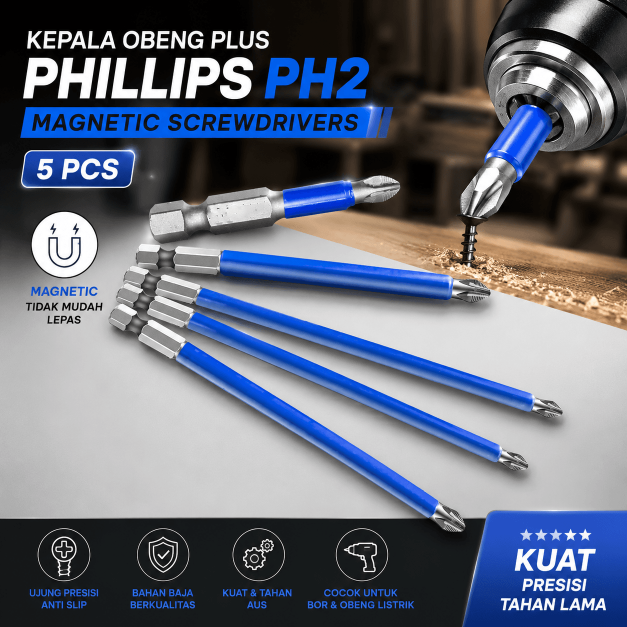 Kepala Obeng Plus Phillips Magnetic Screwdrivers PH2 5 PCS