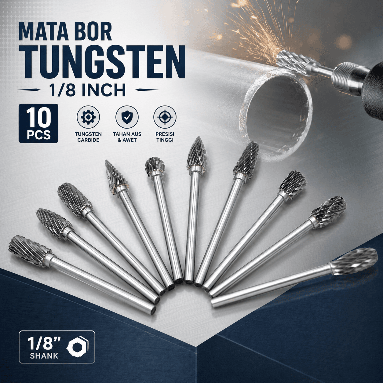 Mata Bor Tungsten Carbide Cone Spiral 1/8 Inch 10 PCS