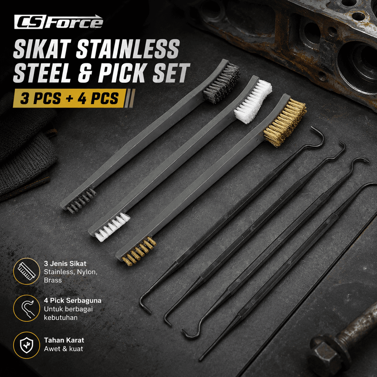 CS Force Sikat Stainless Steel Wire Brush 3 PCS with Pick Set 4 PCS - CS Force Sikat Stainless Steel Wire Brush 3 PCS with Pick Set 4 PCS - CS7 SEB3BK_HITAM CS Force Sikat Stainless Steel Wire Brush 3 PCS with Pick Set 4 PCS - CS Force Sikat Stainless Steel Wire Brush 3 PCS with Pick Set 4 PCS - CS7 SEB3BK_HITAM