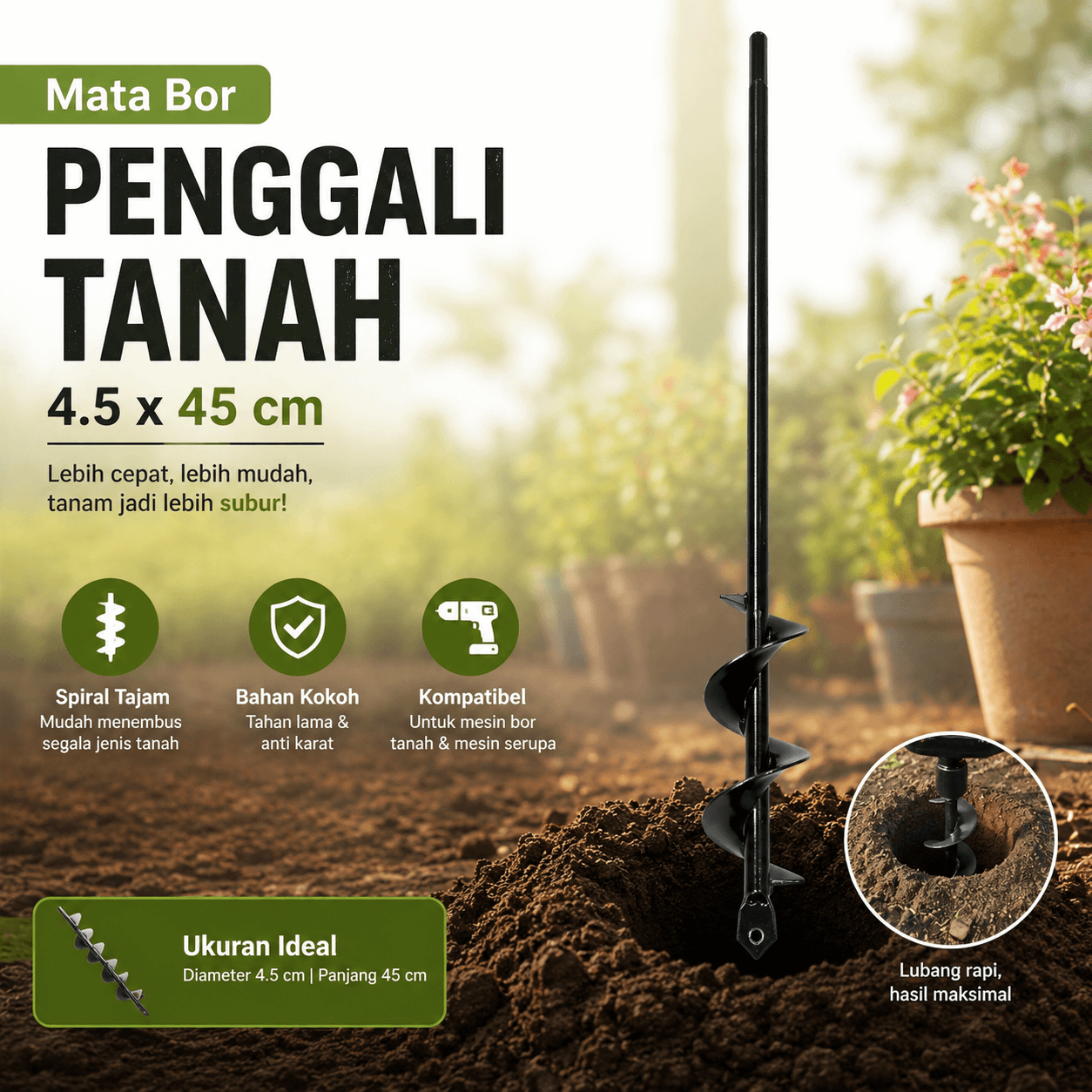 Mata Bor Penggali Tanah Auger Spiral Drill Head 4.5x45cm