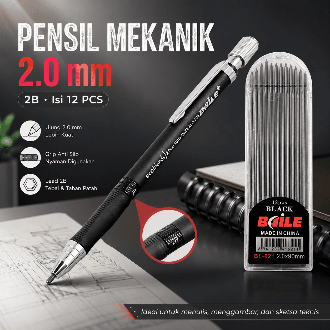 Pensil Mekanik Mechanical Pencil 2B 2mm 12 Isi - BAILE Pensil Mekanik Mechanical Pencil 2B 2mm Isi 12 - BL-621 OTEFBK_HITAM Pensil Mekanik Mechanical Pencil 2B 2mm 12 Isi - BAILE Pensil Mekanik Mechanical Pencil 2B 2mm Isi 12 - BL-621 OTEFBK_HITAM