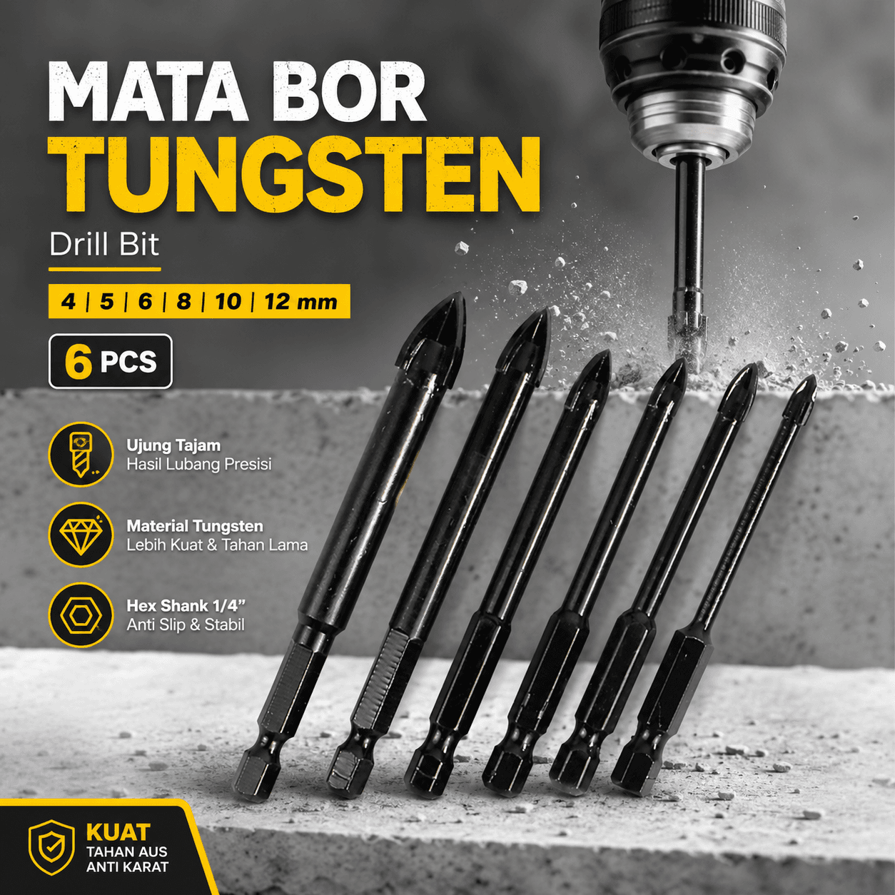Mata Bor Tungsten Drill Bit 4 5 6 8 10 12mm 6 PCS