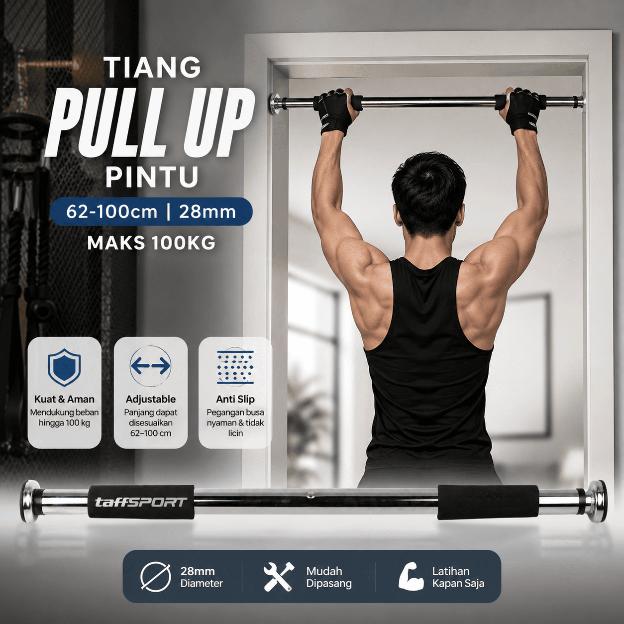 Tiang Latihan Pull Up Pintu Door Gym Bar Solid Grip 62-100cm - TaffSPORT Tiang Latihan Pull Up Pintu Door Gym Bar Solid Grip 62-100cm - HW139501 SECABK_HITAM Tiang Latihan Pull Up Pintu Door Gym Bar Solid Grip 62-100cm - TaffSPORT Tiang Latihan Pull Up Pintu Door Gym Bar Solid Grip 62-100cm - HW139501 SECABK_HITAM