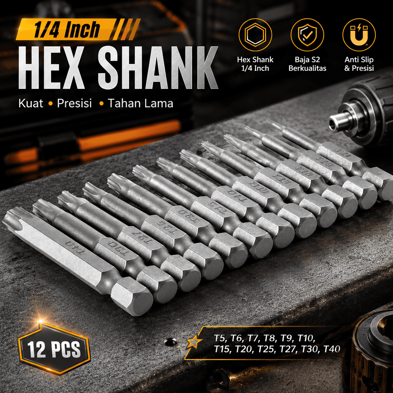 Kepala Obeng Torx Head Screwdriver Bits Set 1/4 Inch 12 PCS