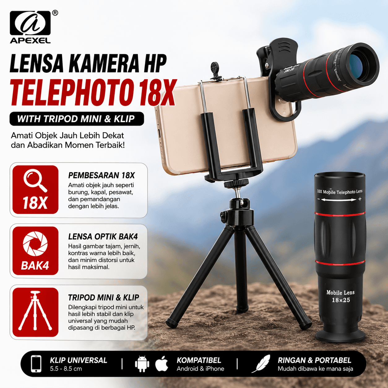 2 in 1 Lensa Kamera Smartphone Telephoto 18X with Tripod Mini - APEXEL Lensa Kamera HP Telephoto 18X with Tripod Mini dan Klip - APL-T18ZJ SC0GBK_HITAM 2 in 1 Lensa Kamera Smartphone Telephoto 18X with Tripod Mini - APEXEL Lensa Kamera HP Telephoto 18X with Tripod Mini dan Klip - APL-T18ZJ SC0GBK_HITAM