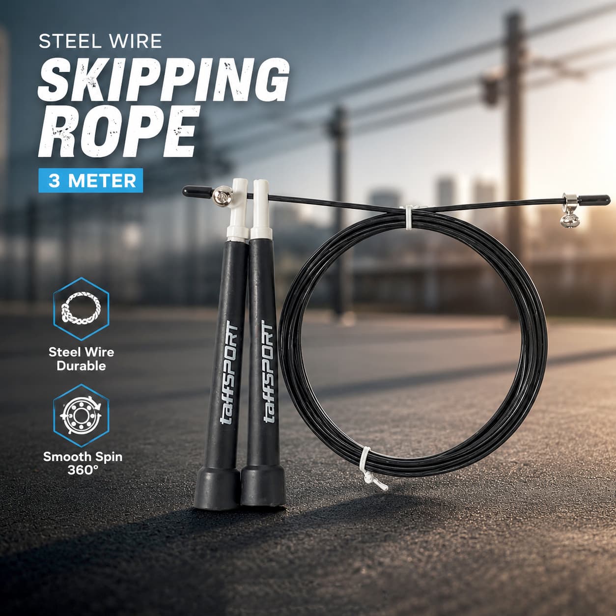 Tali Skipping Jump Rope Steel Wire Bearing 3M - TaffSPORT Tali Skipping Jump Rope Steel Wire Bearing 3M - D053 SE03BK_HITAM Tali Skipping Jump Rope Steel Wire Bearing 3M - TaffSPORT Tali Skipping Jump Rope Steel Wire Bearing 3M - D053 SE03BK_HITAM