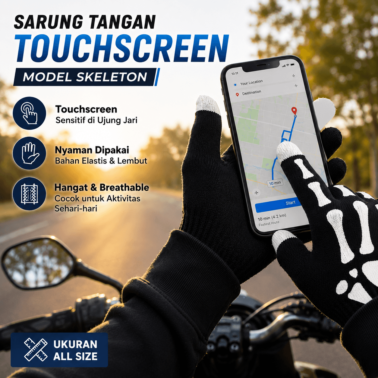 Sarung Tangan Kain Katun Touch Glove Skeleton Design