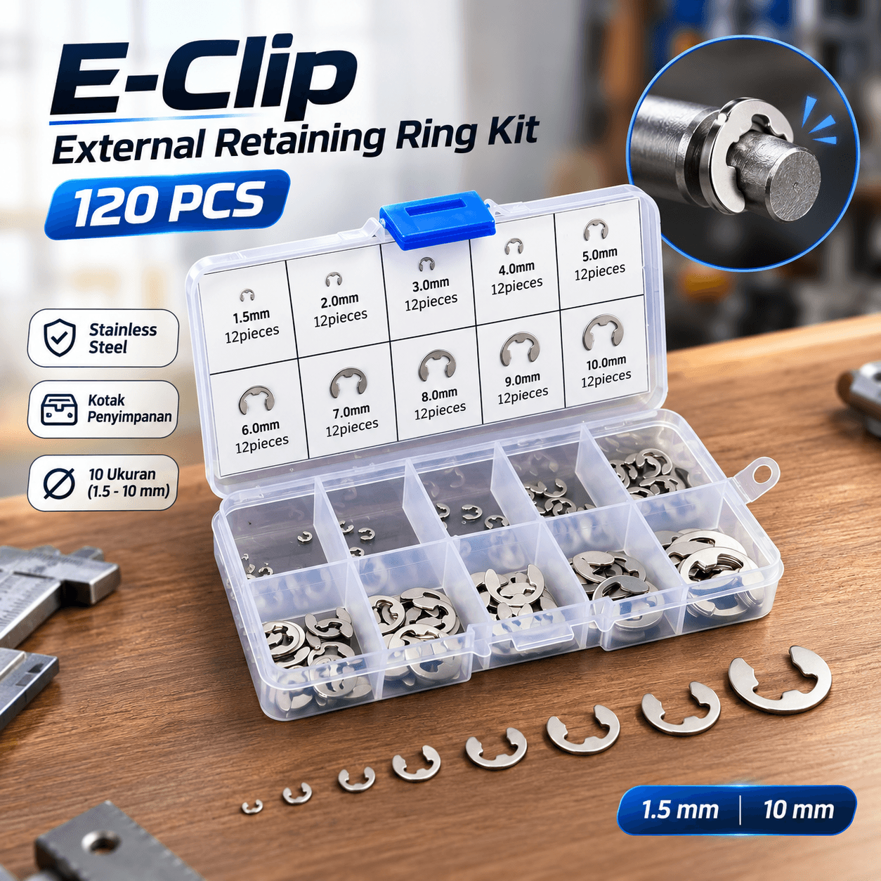 E-Clip External Retaining Ring Assortment Kit 120PCS