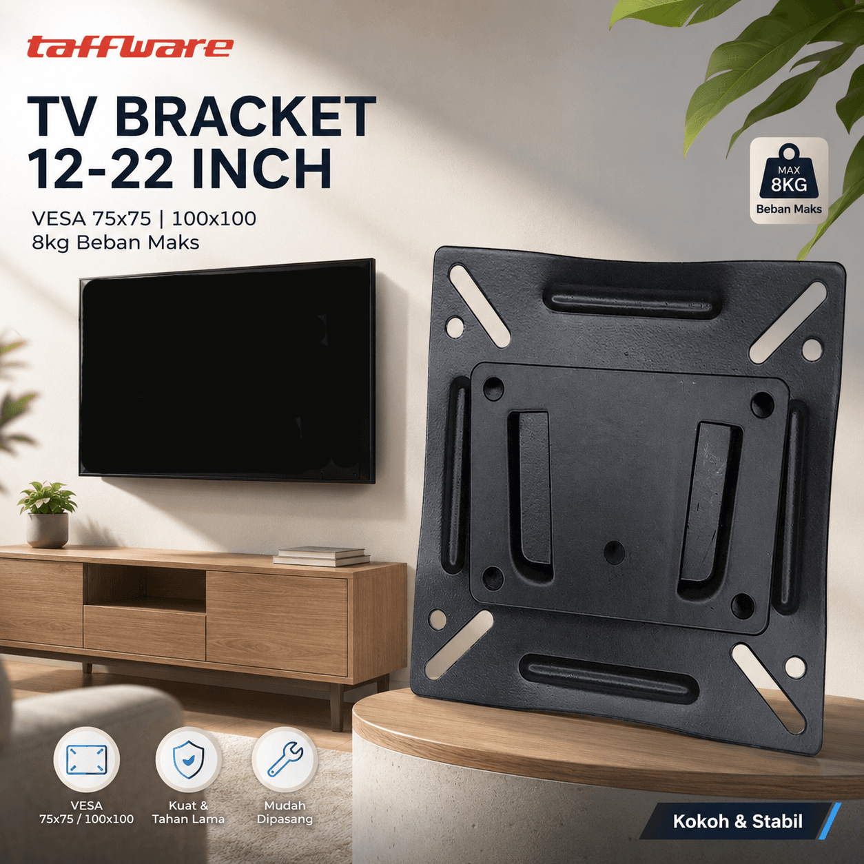 Bracket TV Dinding Universal 12-22 Inch VESA 75x75mm 100x100mm 8kg - Taffware Bracket TV Dinding 12-22 Inch VESA 75x75 100x100 8kg BV07BK_HITAM Bracket TV Dinding Universal 12-22 Inch VESA 75x75mm 100x100mm 8kg - Taffware Bracket TV Dinding 12-22 Inch VESA 75x75 100x100 8kg BV07BK_HITAM