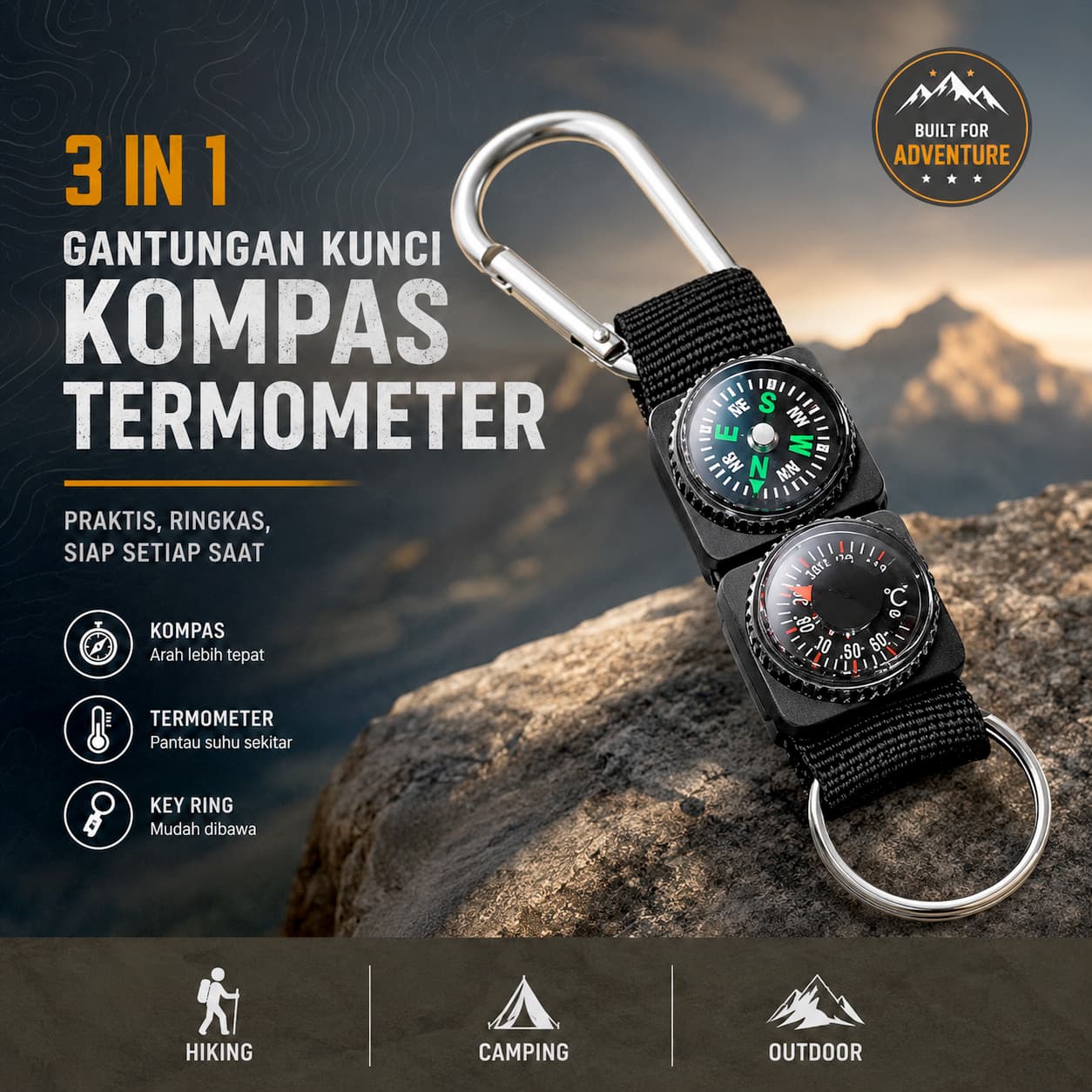 Gantungan Kunci 3 in 1 Kompas Termometer Carabiner Key Ring