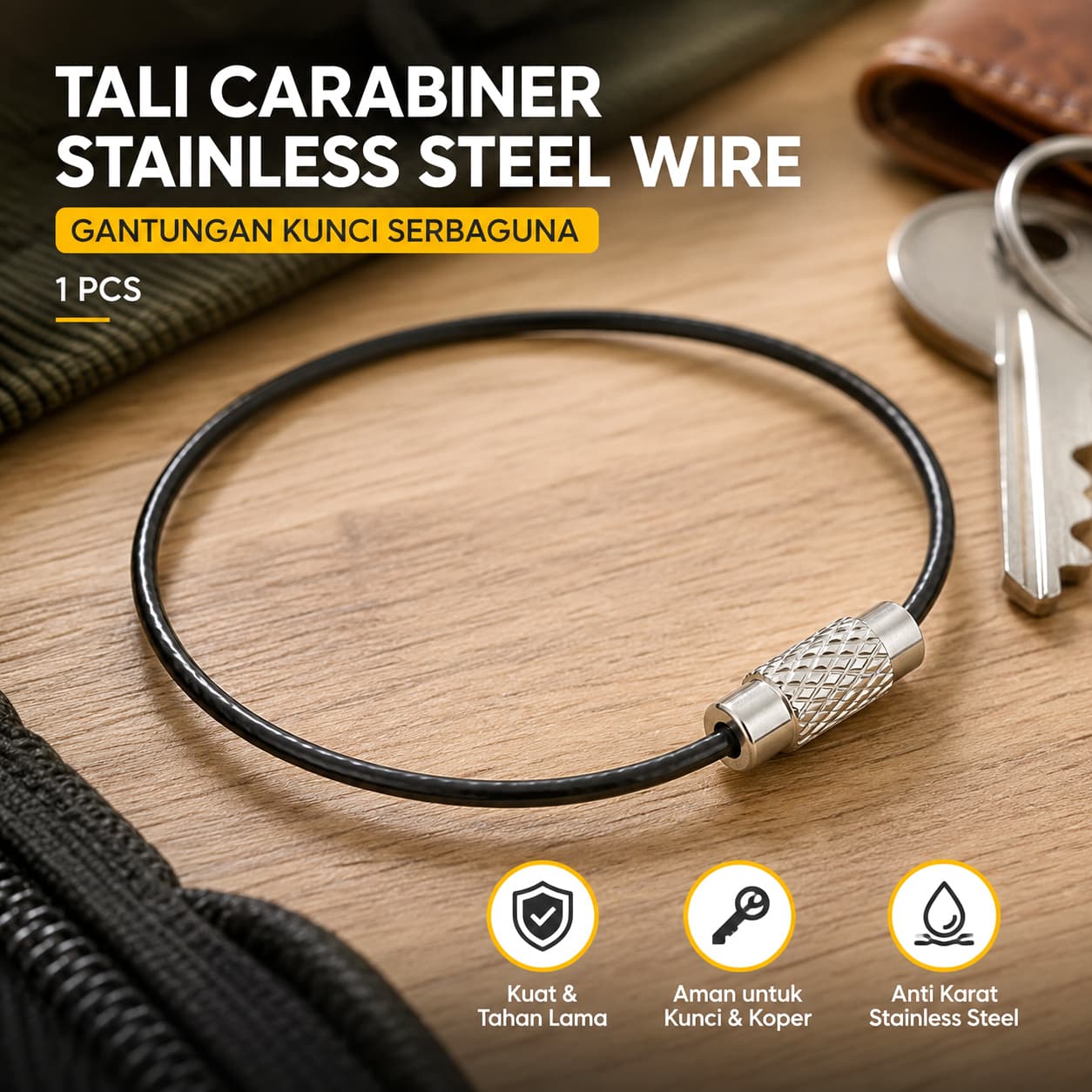 Tali Carabiner Stainless Steel Wire Keys Gantungan Kunci Koper 1 PCS
