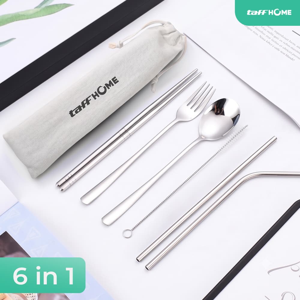 Set Alat Makan Sendok Garpu Sedotan Sumpit dengan Pouch 6 PCS