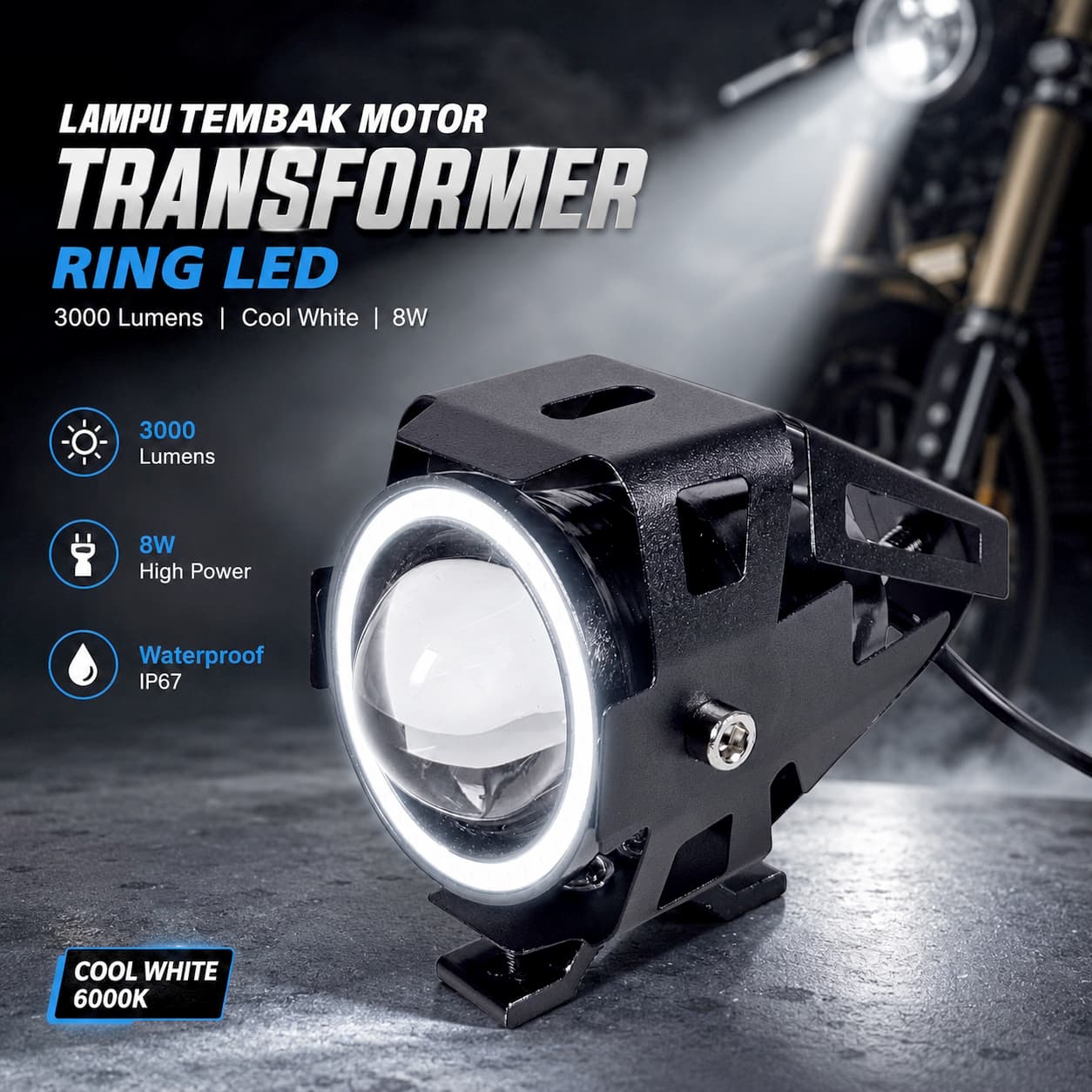 Lampu Tembak Motor Transformer Ring LED 3000lm Cool White 8W - KONTROL Lampu Tembak Motor LED Spotlight Cool White IP65 8W 9-20V - U7 FL4JBK_HITAM Lampu Tembak Motor Transformer Ring LED 3000lm Cool White 8W - KONTROL Lampu Tembak Motor LED Spotlight Cool White IP65 8W 9-20V - U7 FL4JBK_HITAM