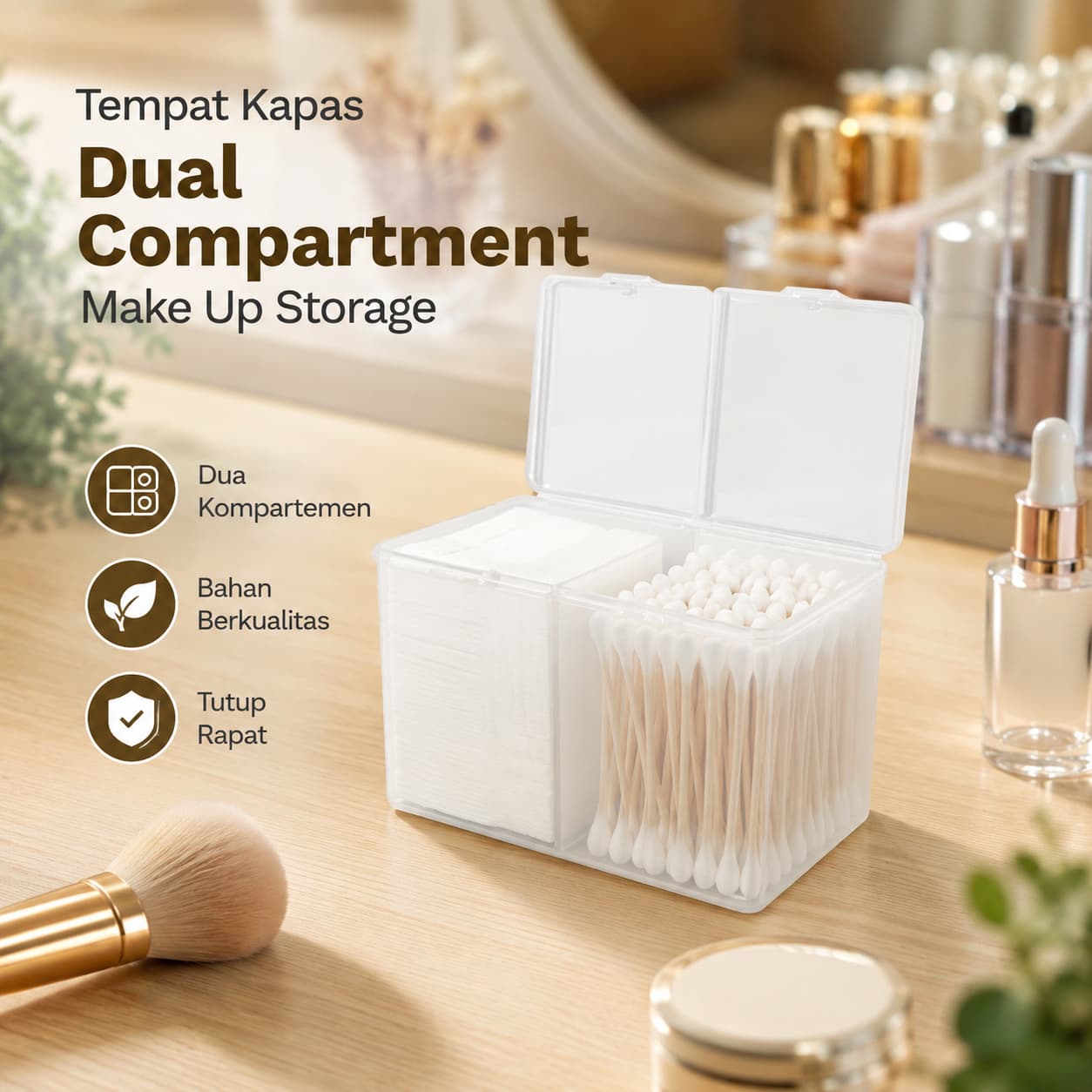 Tempat Kapas Multifungsi Dual Compartment Make Up Storage