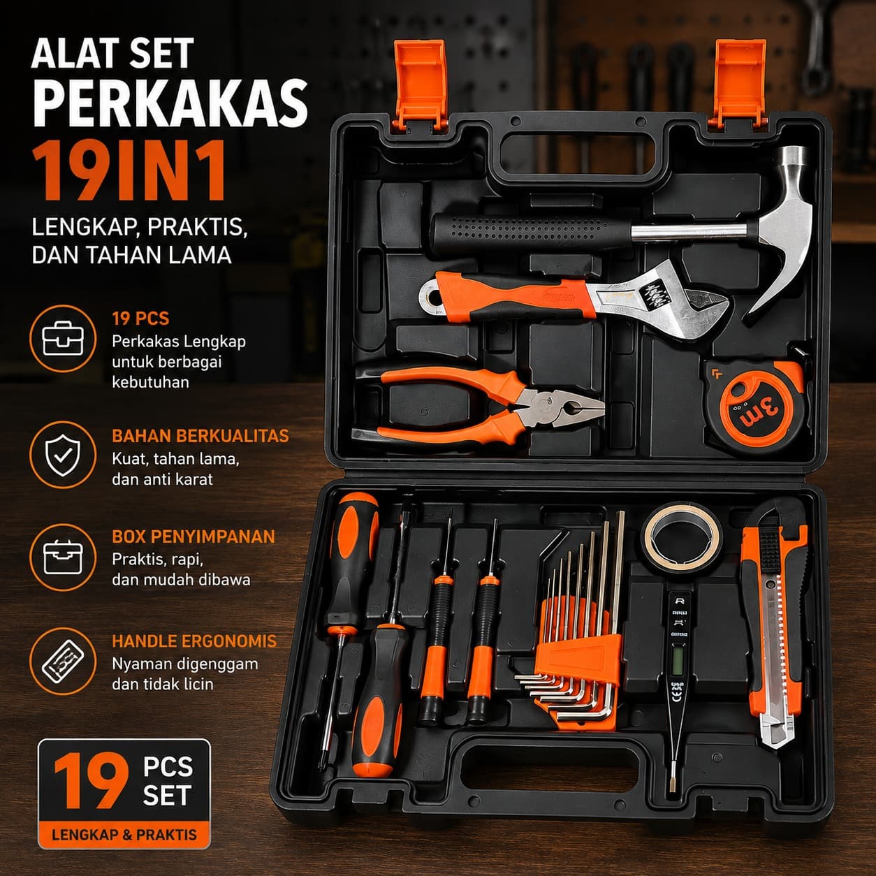 Alat Set Perkakas Tang Palu Obeng with Box Storage 19in1