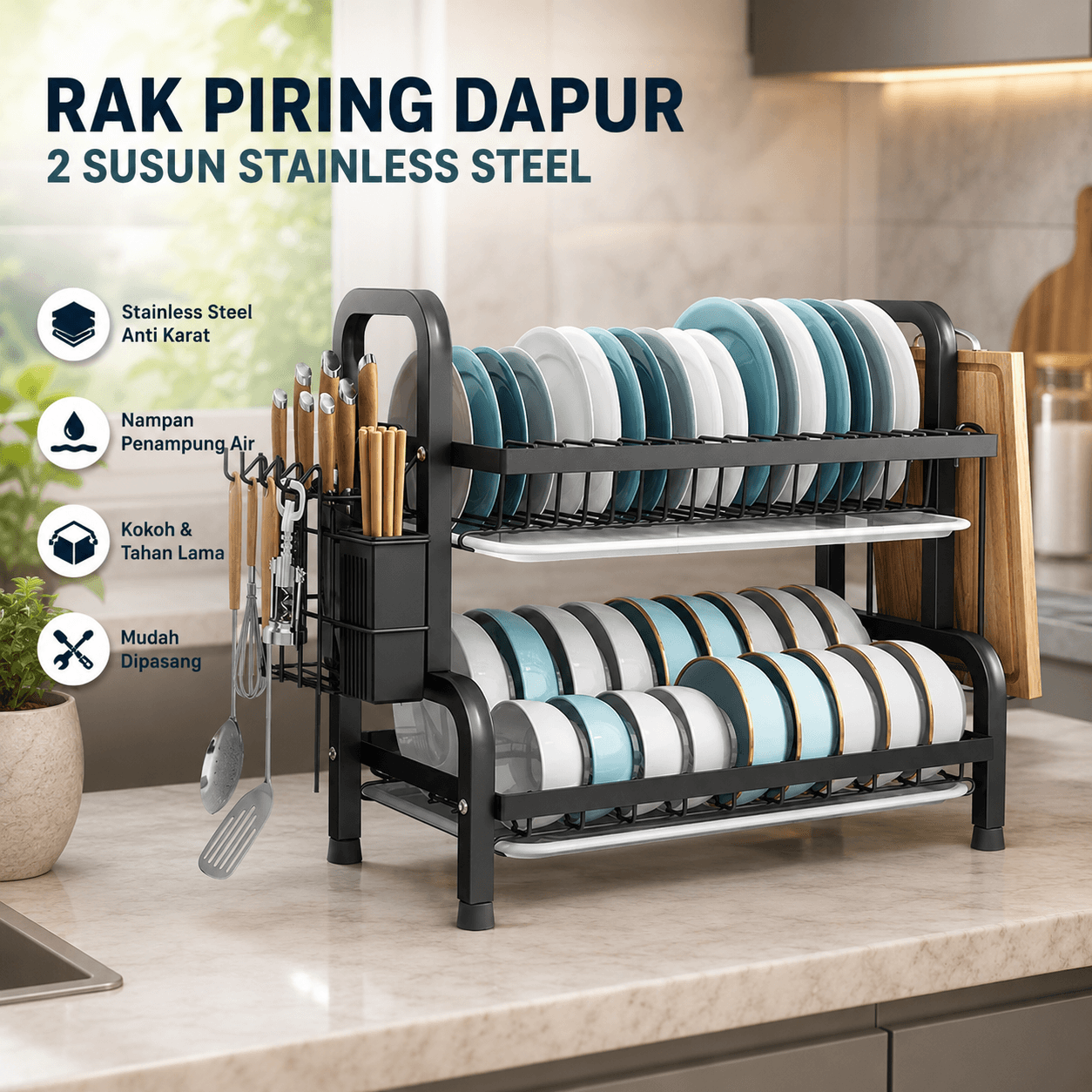 Rak Piring Dapur 2 Susun Stainless Steel Rack Utensil Holder - NYTRYD Rak Piring Dapur 2 Susun Stainless Steel Rack Utensil Holder - R2 HKKRBK_HITAM Rak Piring Dapur 2 Susun Stainless Steel Rack Utensil Holder - NYTRYD Rak Piring Dapur 2 Susun Stainless Steel Rack Utensil Holder - R2 HKKRBK_HITAM