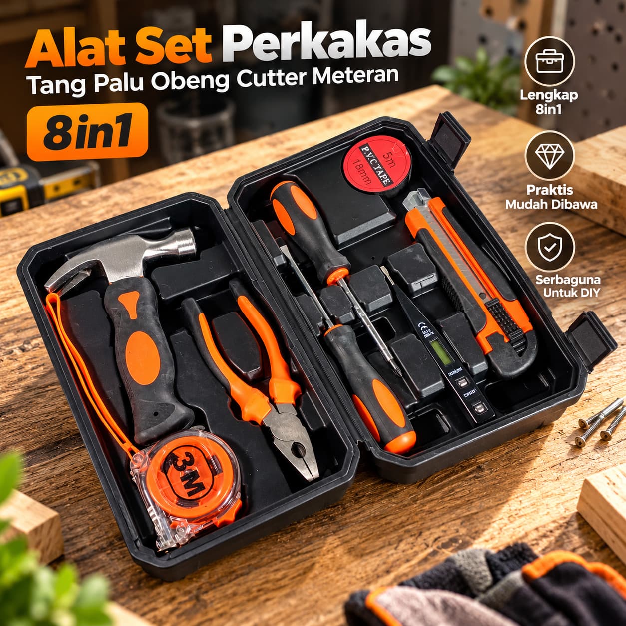 Alat Set Perkakas Tang Palu Obeng Cutter Meteran 8in1